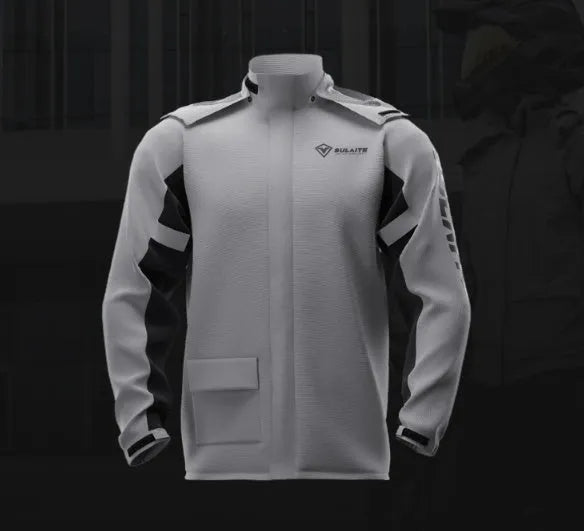 Motorcycle rain suit set showing raincoat, rain pants, hidden shoe covers, and storage bag.