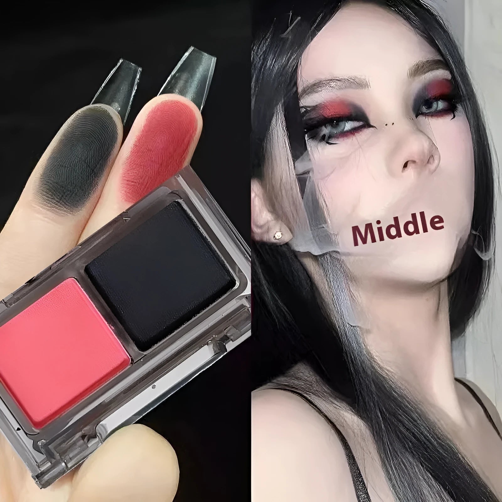Cool two-tone eyeshadow palette showing pink and black matte shimmer eyeshadows in sweet and spicy punk style