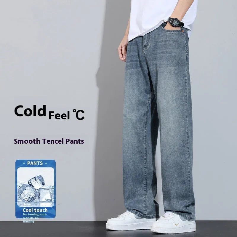 Straight-leg ice silk denim trousers in UK2560 blue with wide-leg cut and zip placket fly