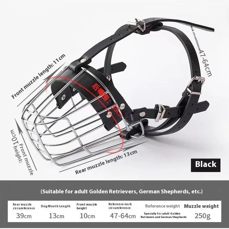 Black metal wire basket muzzle for Golden Retriever and German Shepherd dogs