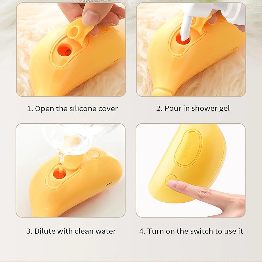 Rechargeable cat steam brush in green or yellow, showing round teeth with cat paw-shaped ends for grooming.