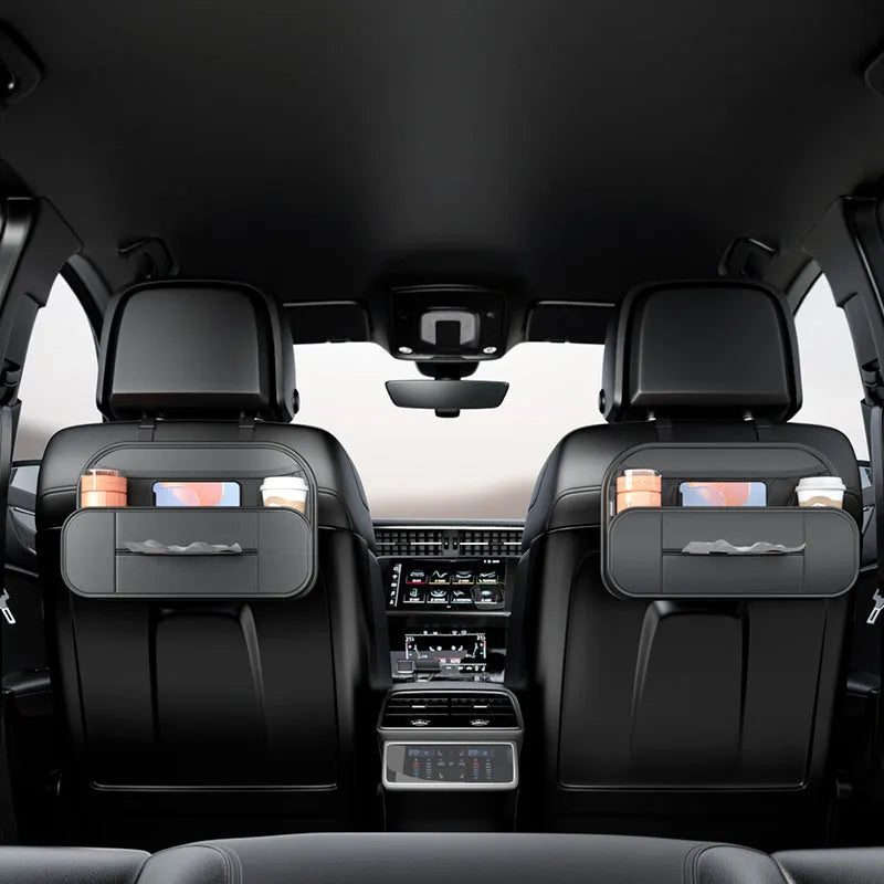 Black leather car seat rear storage bag showing dimensions and customisable pockets.