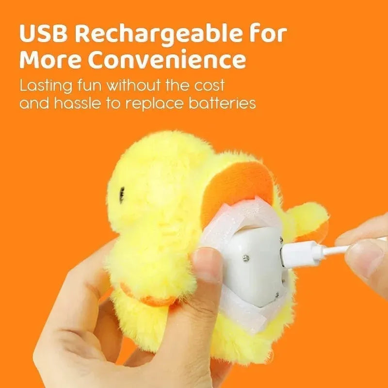 Yellow flapping duck interactive cat plush toy with USB charging cable on a neutral background.
