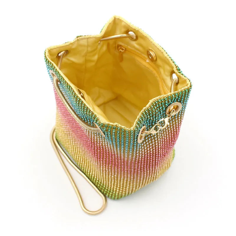 Rainbow iridescent rhinestone fabric bucket bag with soft texture