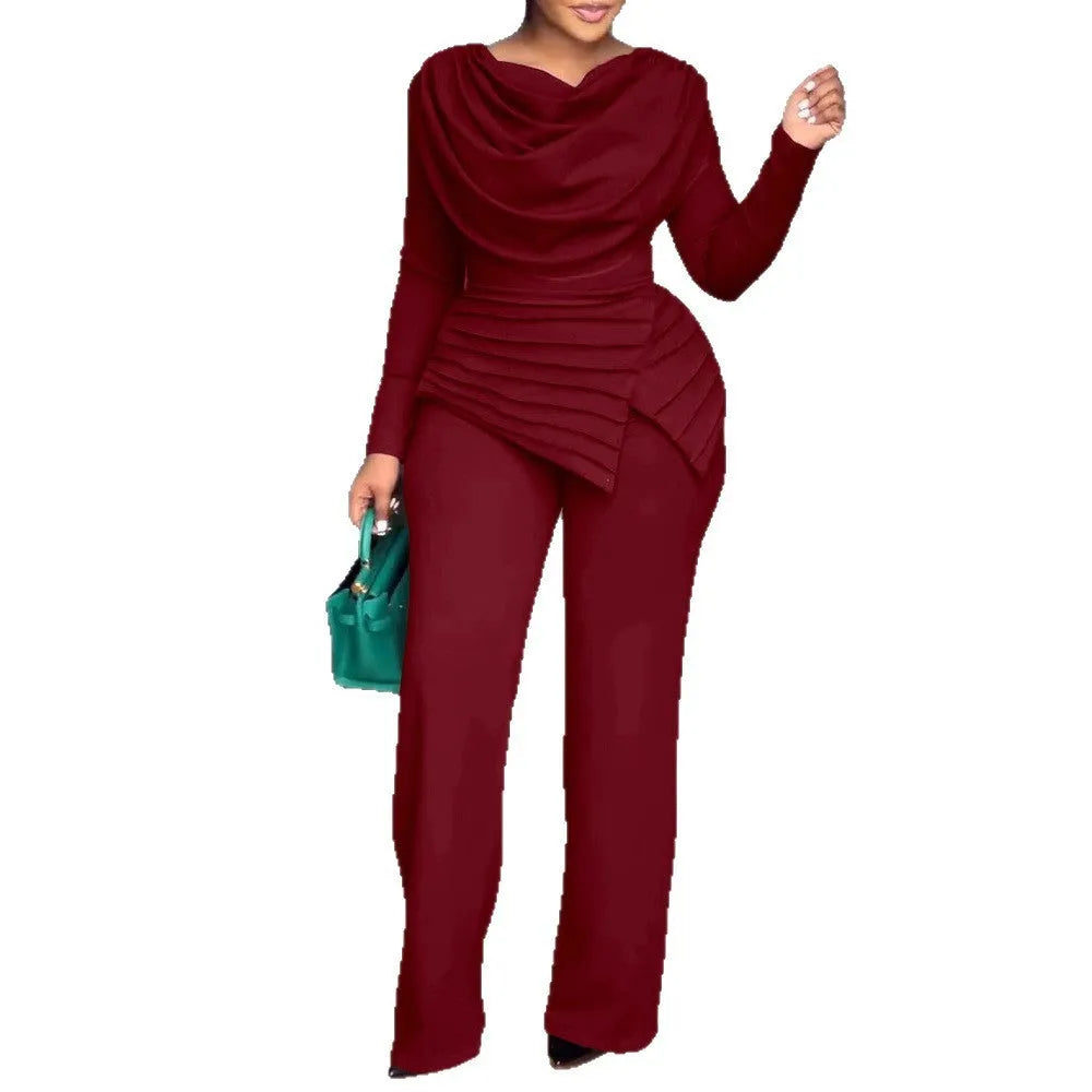 Women's high waist straight-leg jumpsuit with long sleeves and zipper detail in black colour