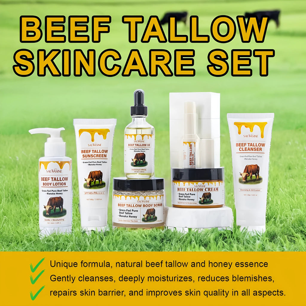 Butter Honey seven-piece skincare set with cleanser, cream, lotion, scrub, lip balm, protective cream and beef tallow