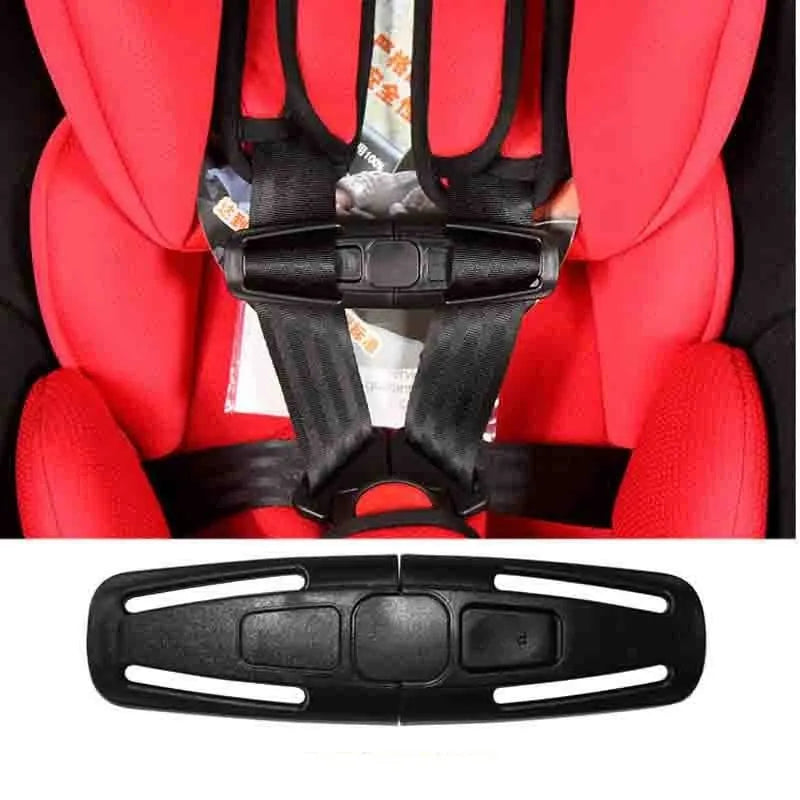 Black nylon seat belt buckle clip for child car seat 5-point harness, measuring 14.5cm by 4cm