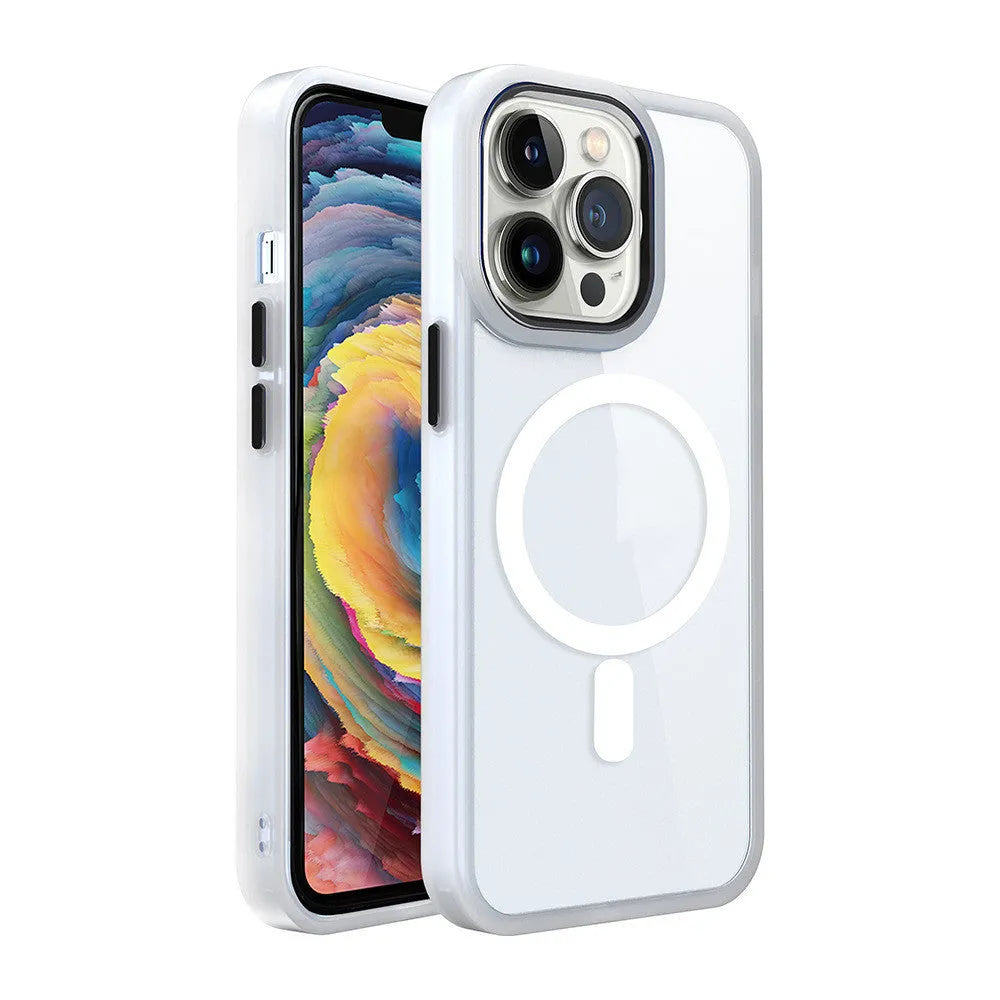 A transparent silicone magnetic phone case for iPhone, shown in a solid colour on a phone.