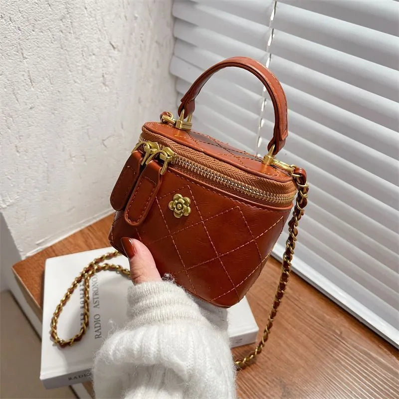 Portable Diamond Chain Mini Satchel nylon crossbody bag with chain strap in beige colour