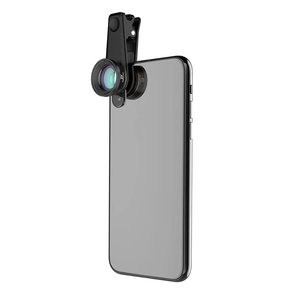 Black 6-in-1 smartphone lens kit with fisheye, macro, wide-angle, telephoto lenses and filters in EVA case