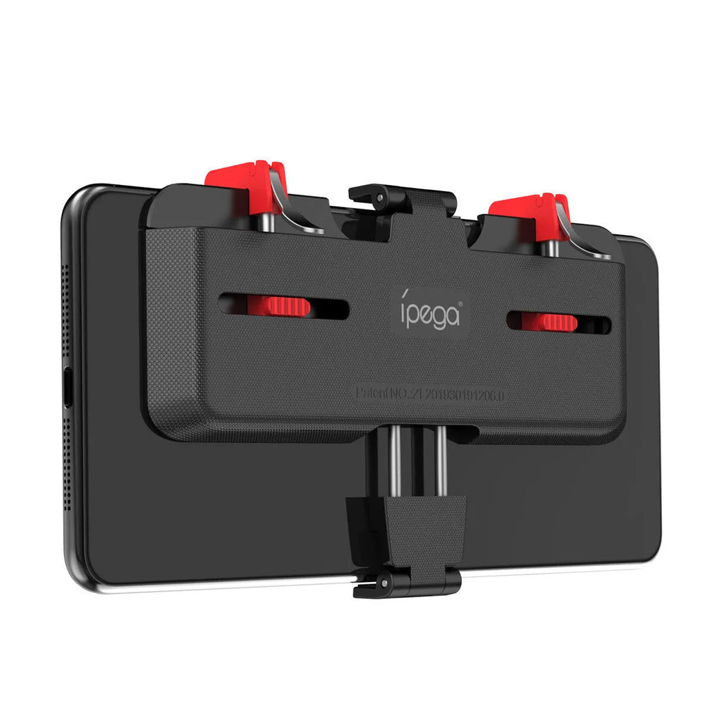 Black PG-9137 mobile game trigger with metal button and telescopic clip attached to a smartphone