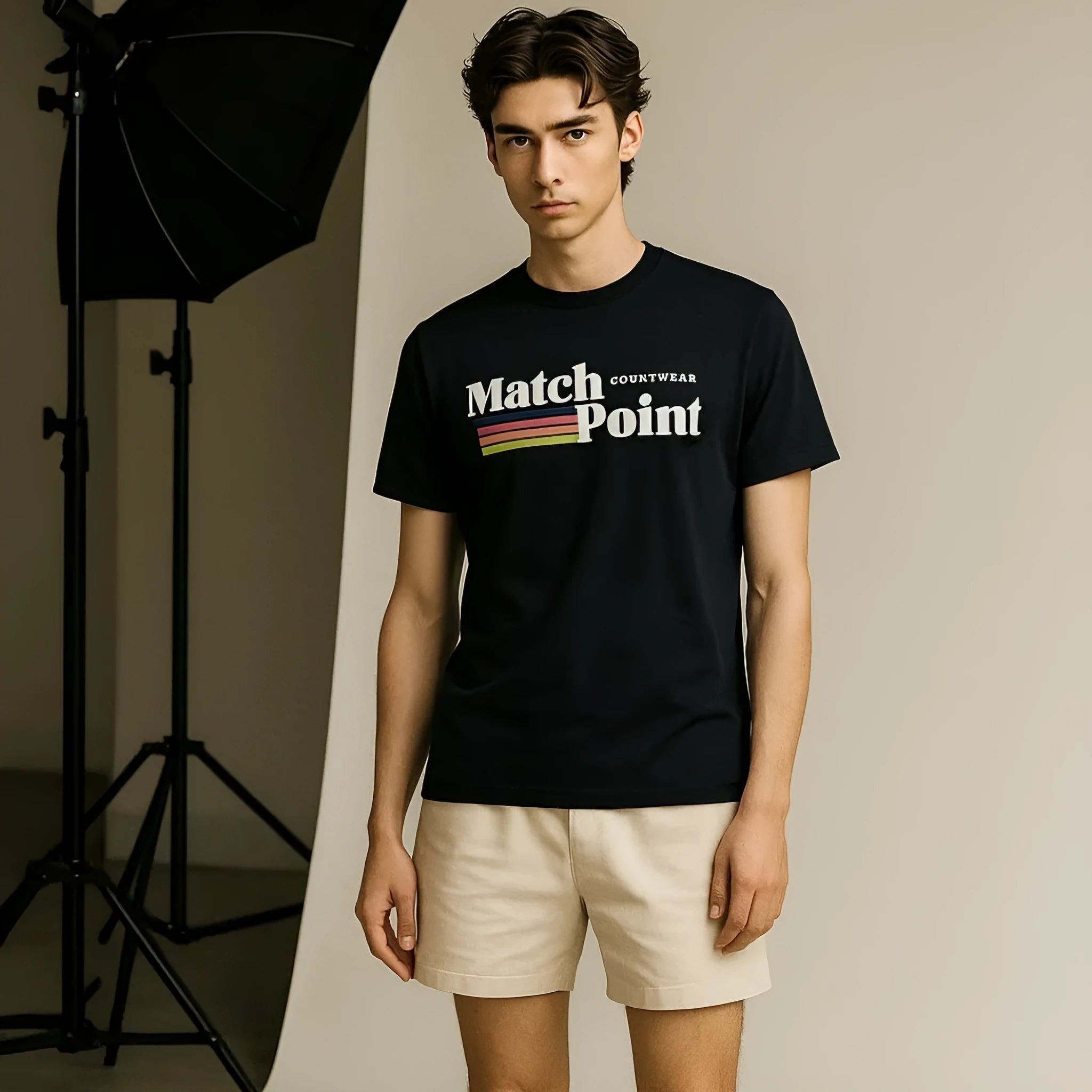 Men's black casual t-shirt with a 3D digital printed pattern and round neck.