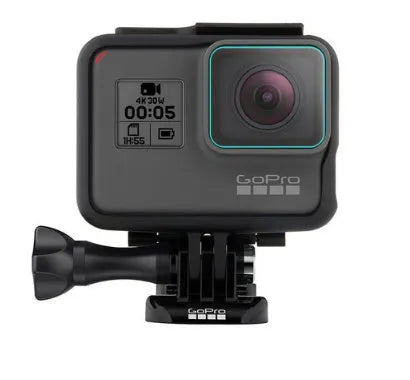 GoPro Hero 5 6 7 transparent tempered glass lens and LCD screen protector films laid flat.