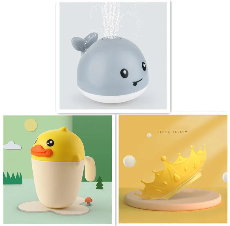 Electric whale bath toy with automatic water spray and flashing lights on a base