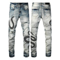 8934Blue distressed skinny jeans with a retro wash and button fly on a mid waist