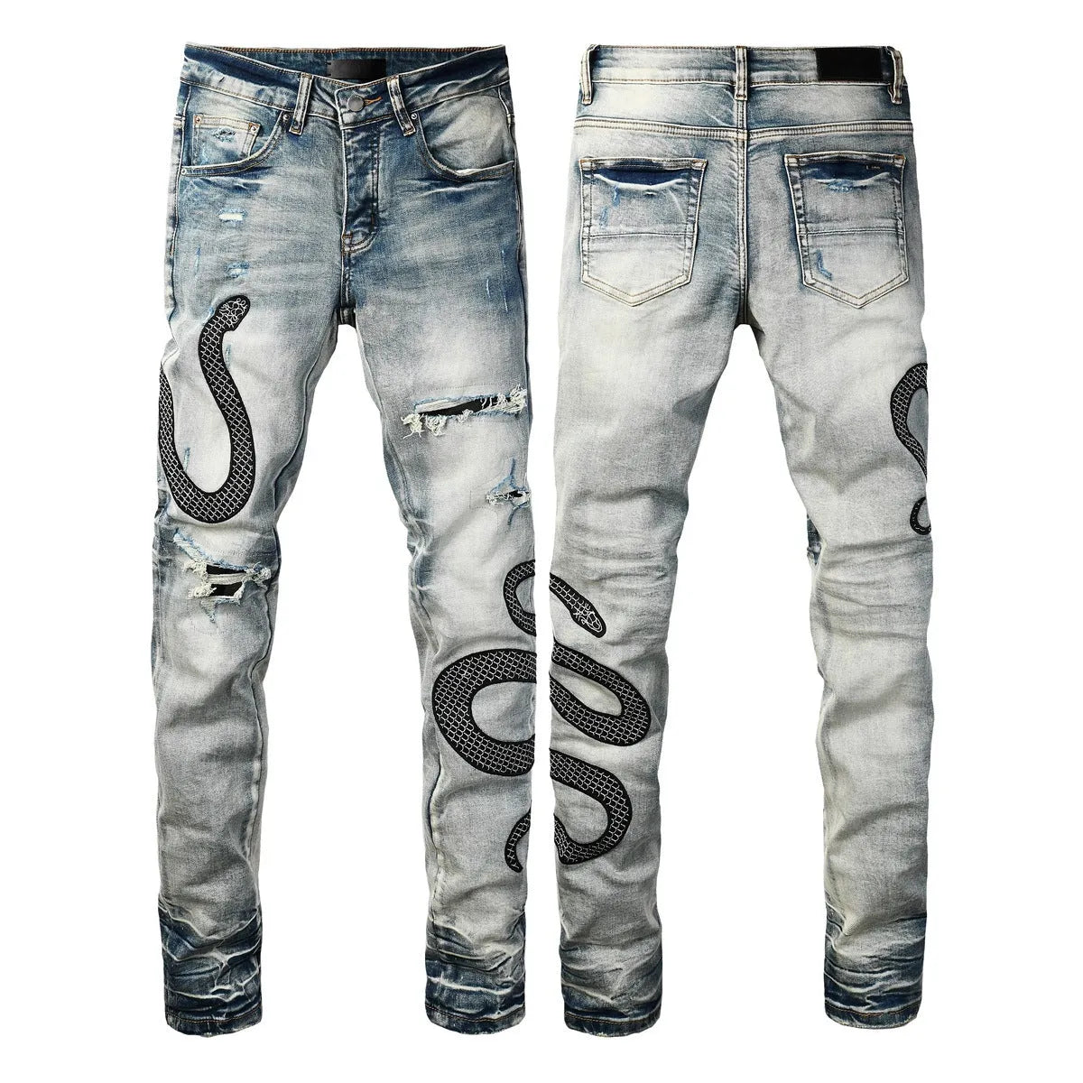 8934Blue distressed skinny jeans with a retro wash and button fly on a mid waist