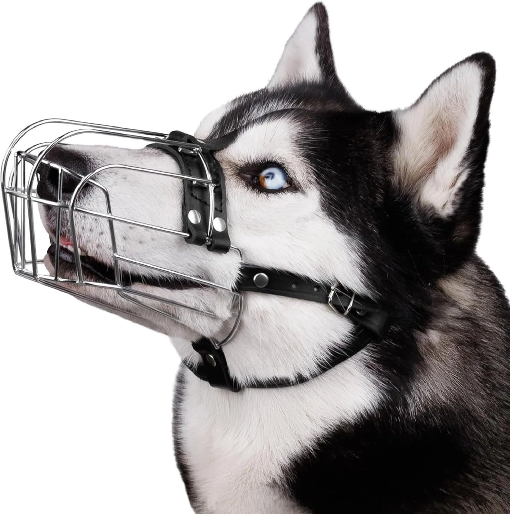 Black metal wire basket muzzle for Golden Retriever and German Shepherd dogs