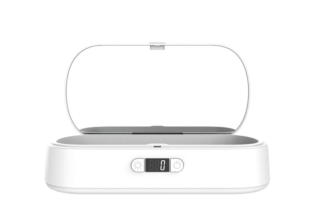 White ABS plastic wireless UV steriliser box for phones and small personal items.