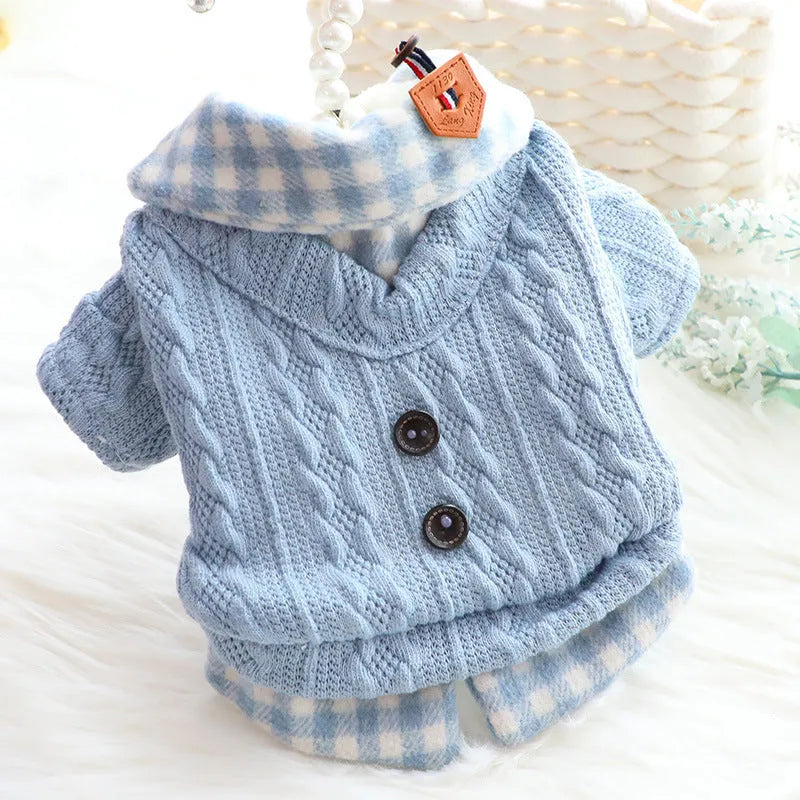 Blue wool plaid dog sweater with fake two pieces design and fleece lining