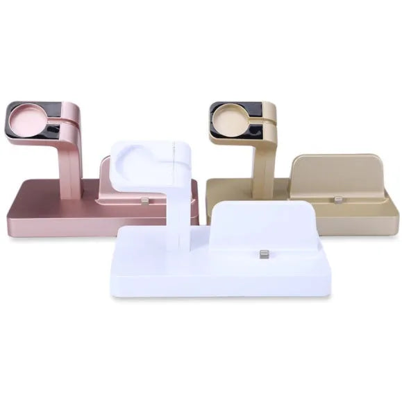 White 2-in-1 desktop charging dock station holding an iPhone and an Apple Watch for simultaneous charging.