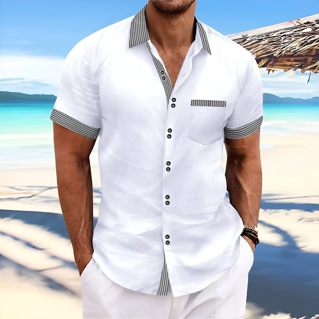 Double button striped casual shirt in pure cotton with slim fit and short sleeves