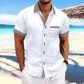 Double button striped casual shirt in pure cotton with slim fit and short sleeves