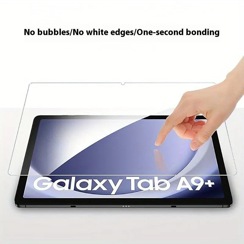 Samsung Galaxy tablet with HD tempered glass screen protector showing anti-fingerprint surface.