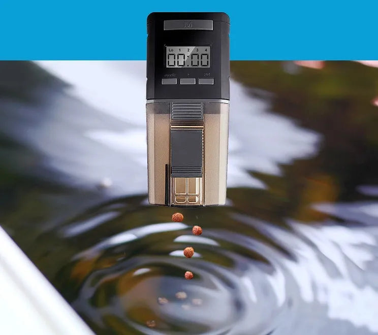 Black automatic fish feeder with timer, 175ml capacity, fixed clamp and velcro strap for tank installation