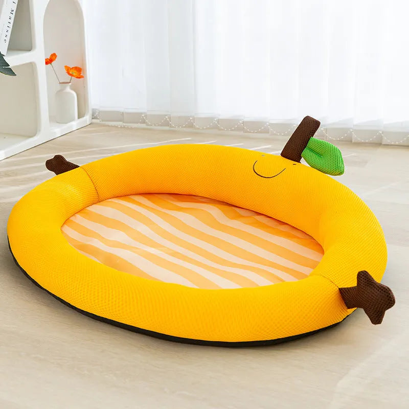 Green pet bed with fruit-shaped backrest and raised edges, shown in large size