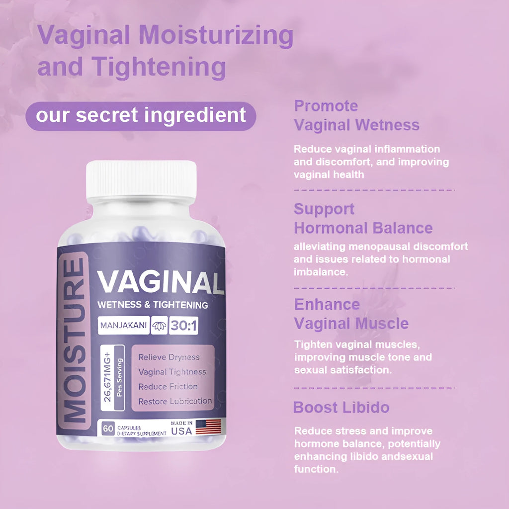 Bottle containing 60 vaginal capsules for adult women's intimate care supplement