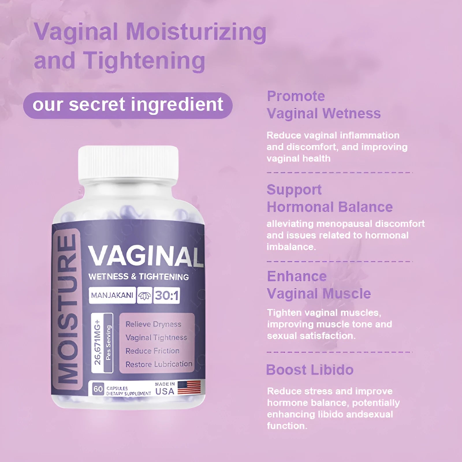 Bottle containing 60 vaginal capsules for adult women's intimate care supplement