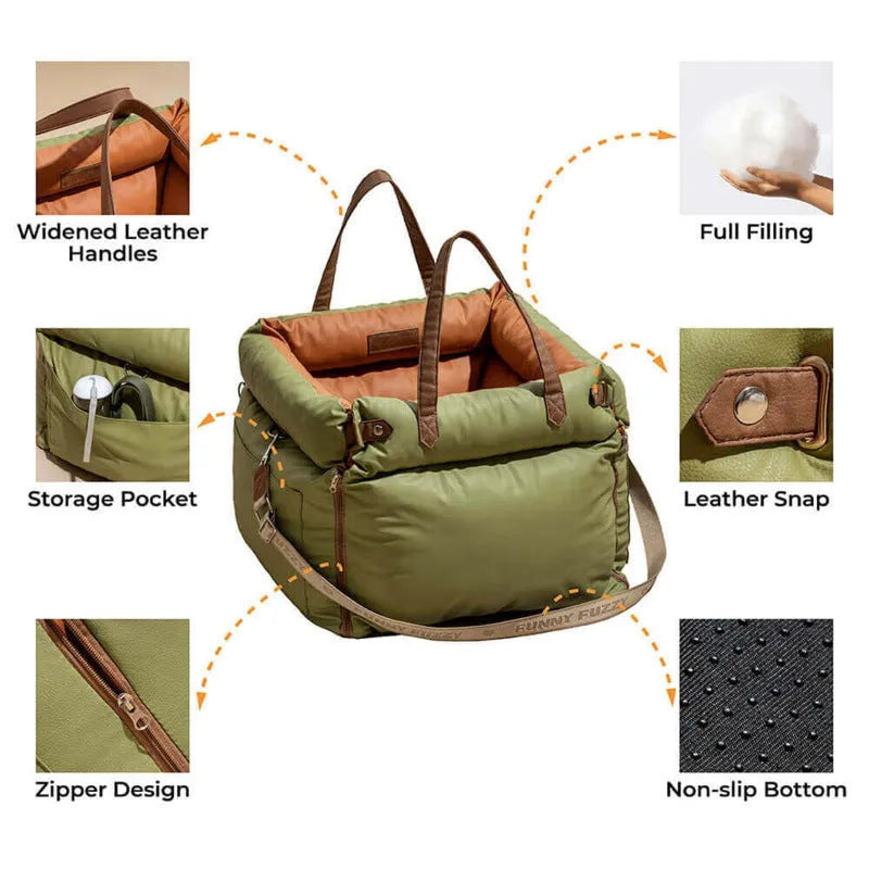 Green waterproof PU leather dog car nest with removable cushion, dimensions 55x50x45 cm.