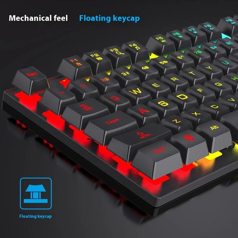 Black backlit gaming keyboard and mouse combo on desk with 104 keys