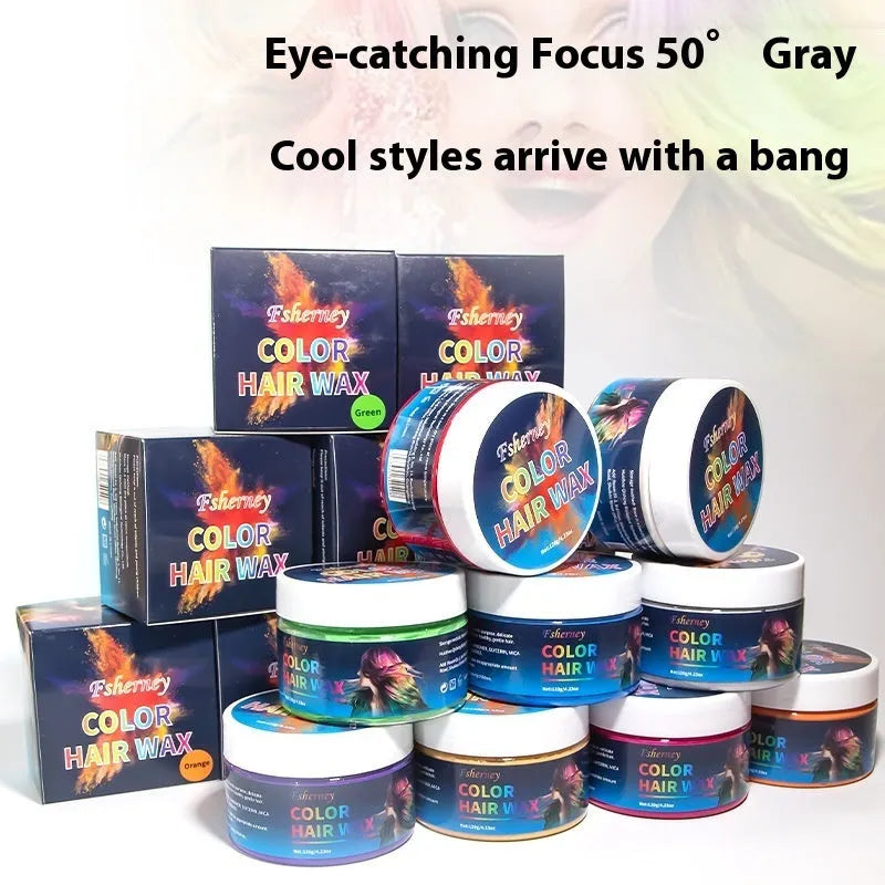 120g hair styling clay pot showing nine colour options including rose red and granny grey