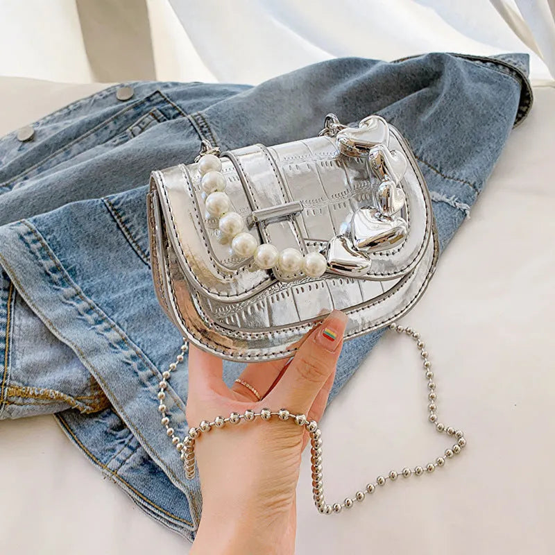 Laser pearl tote saddle girl mini crossbody bag in horizontal square shape with single strap