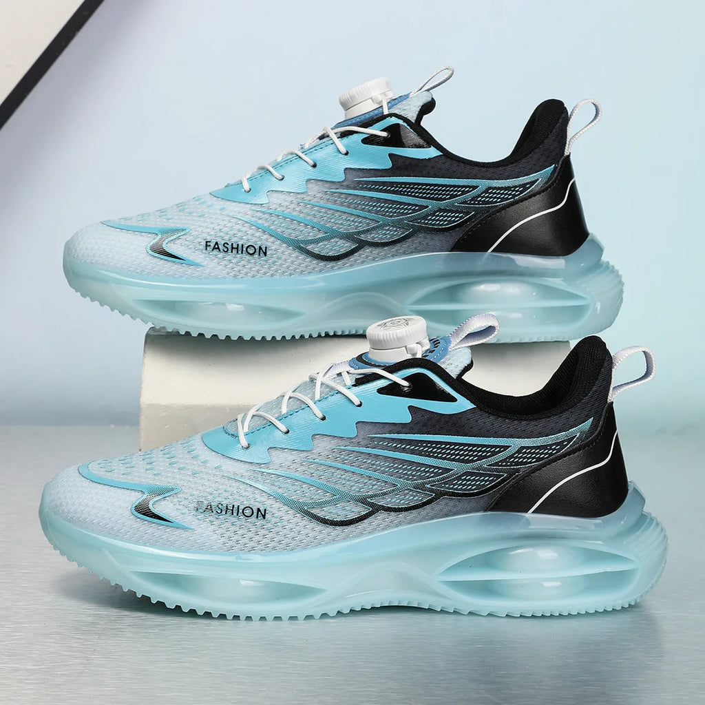 A pair of casual breathable running shoes in a solid colour with a mesh upper, rubber sole, and lace-up front.