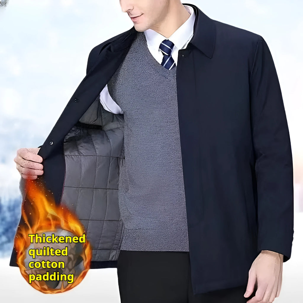 Men's padded thick nylon cotton coat in blue with zipper and button closure, Asian size 170-190