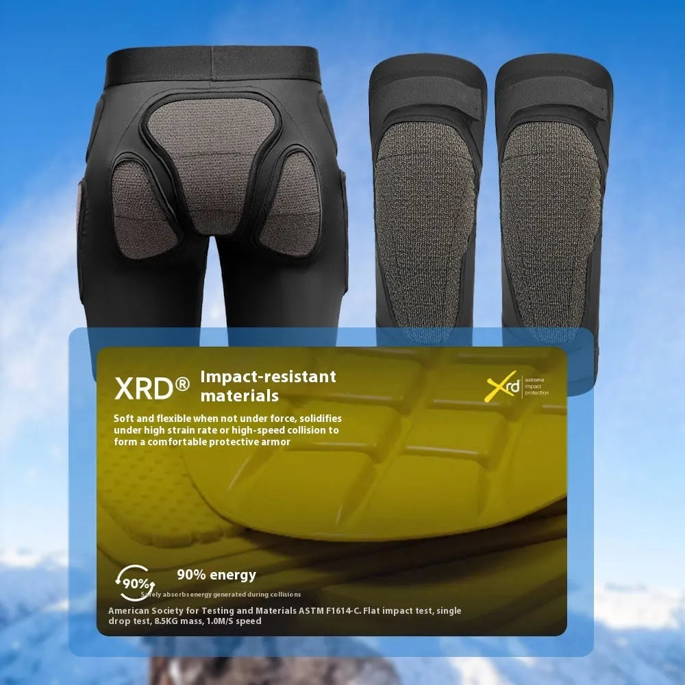 X-ray diffraction skiing protective gear set showing slim hip pads and multiple-protection knee pads.