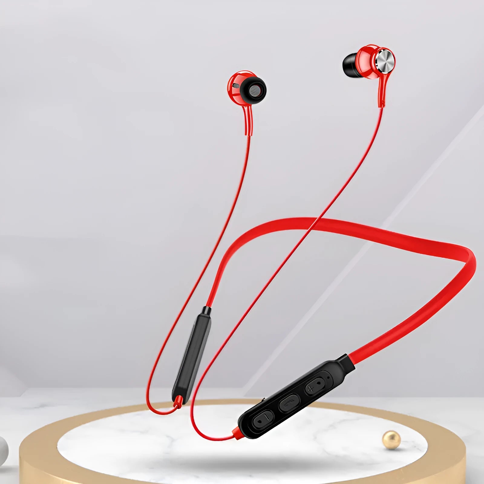 Red neckband sports Bluetooth earphones with earpieces and USB cable