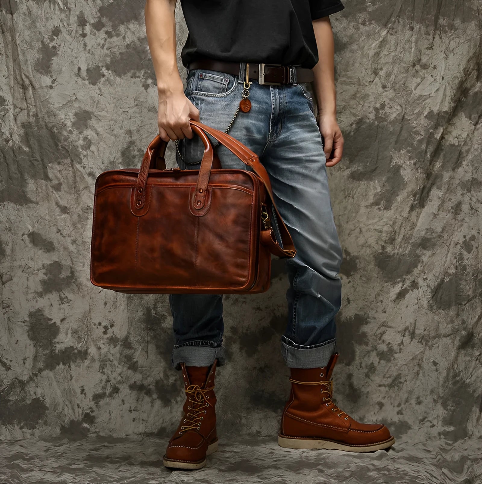 Men's leather briefcase showing multiple interior organisational pockets including laptop compartment