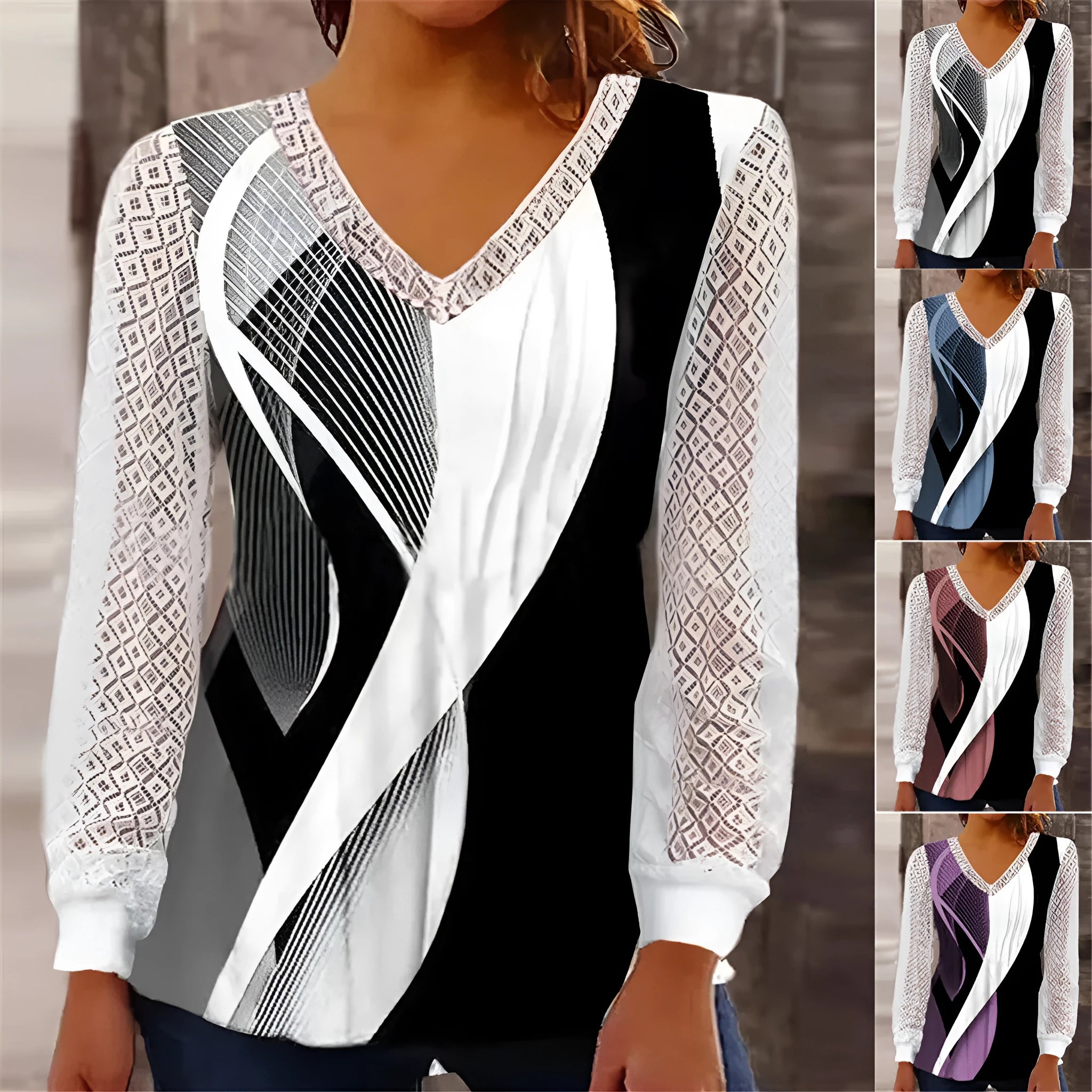 Purple loose V-neck women's top with long sleeves and a hollow-out lace print pattern.