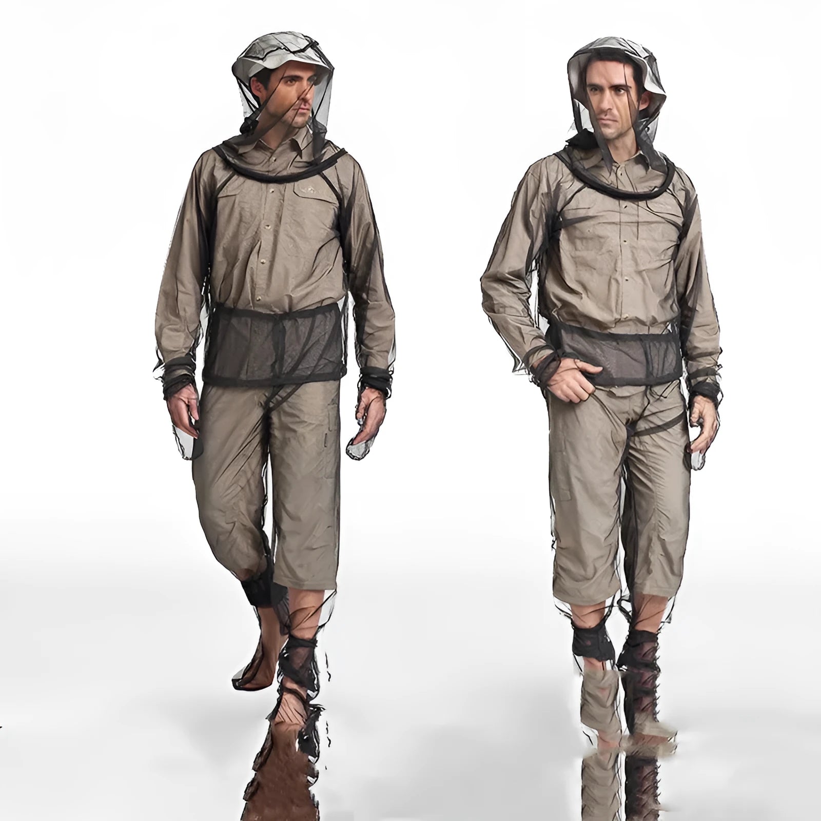 Mesh anti-mosquito suit with hooded jacket, pants, and booties for outdoor protection