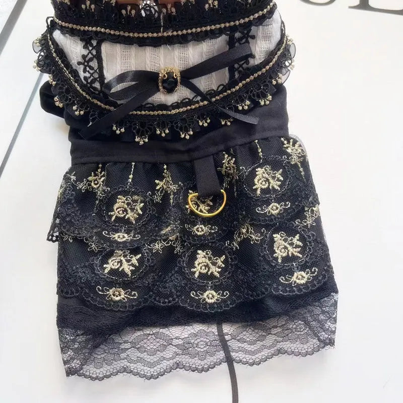 Golden gothic princess skirt for small dog or cat showing size measurements