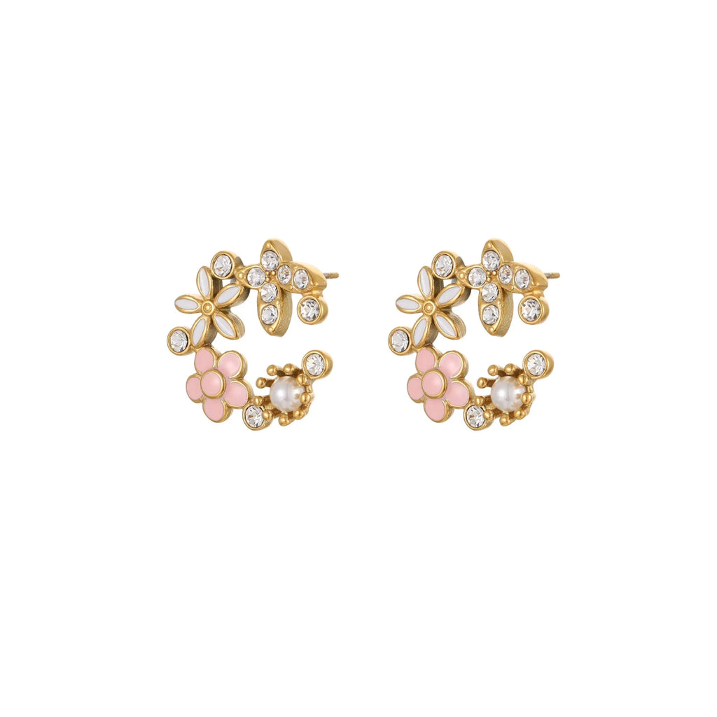 Flower stud earrings with colourful oil petal design in stainless steel with gold plating