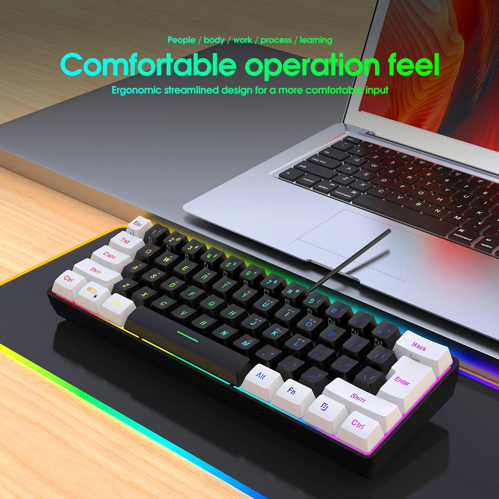 Simple wired 61-key membrane keyboard in white and black colour with compact dimensions and USB cable