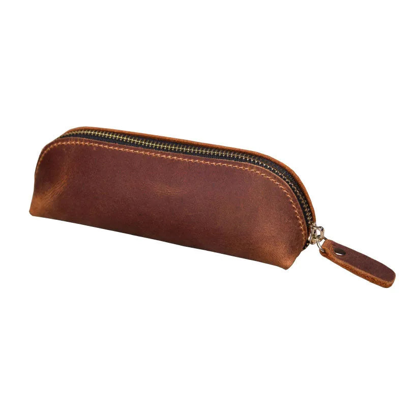 Handmade cowhide leather pencil case measuring 18cm long with zipper closure in black brown dark brown or yellow