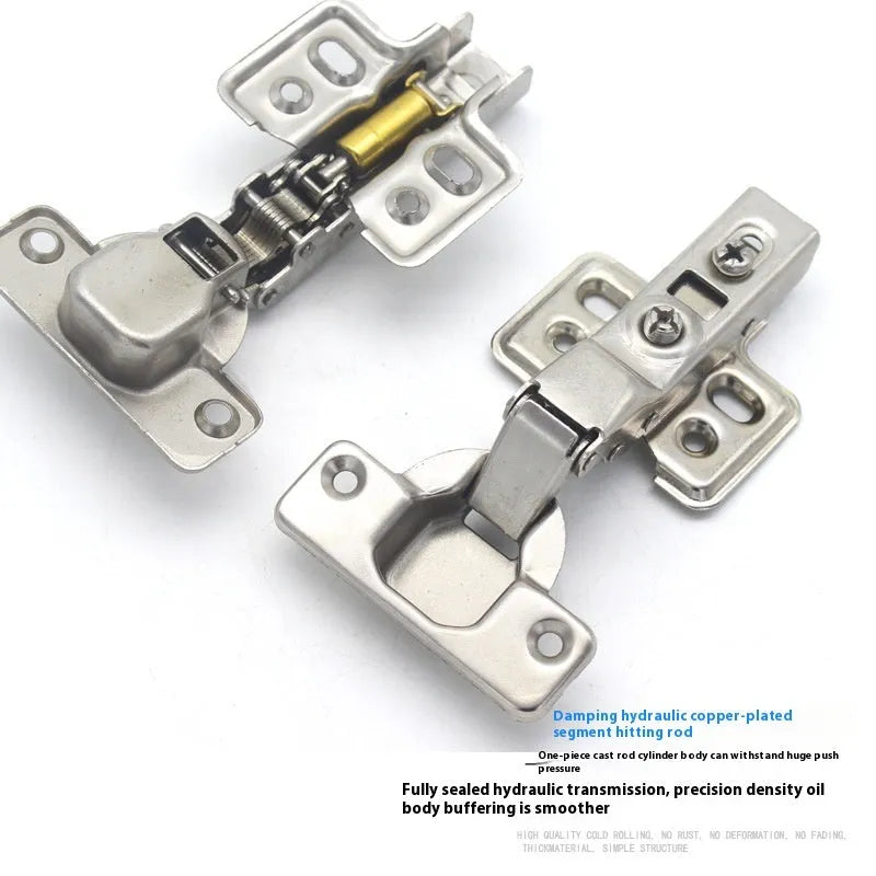 Nickel-plated hydraulic damping cabinet hinge showing the three bend types: straight, middle, and large.