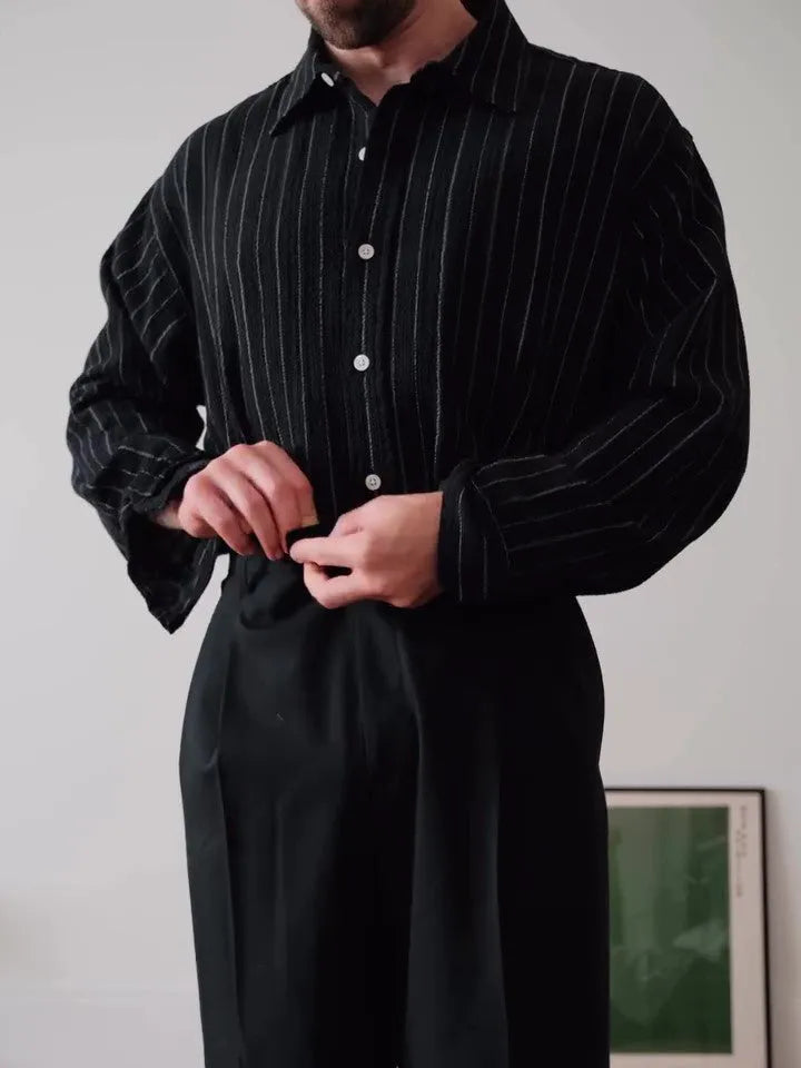 Black pinstriped button-down polyester shirt with regular fit for daily wear