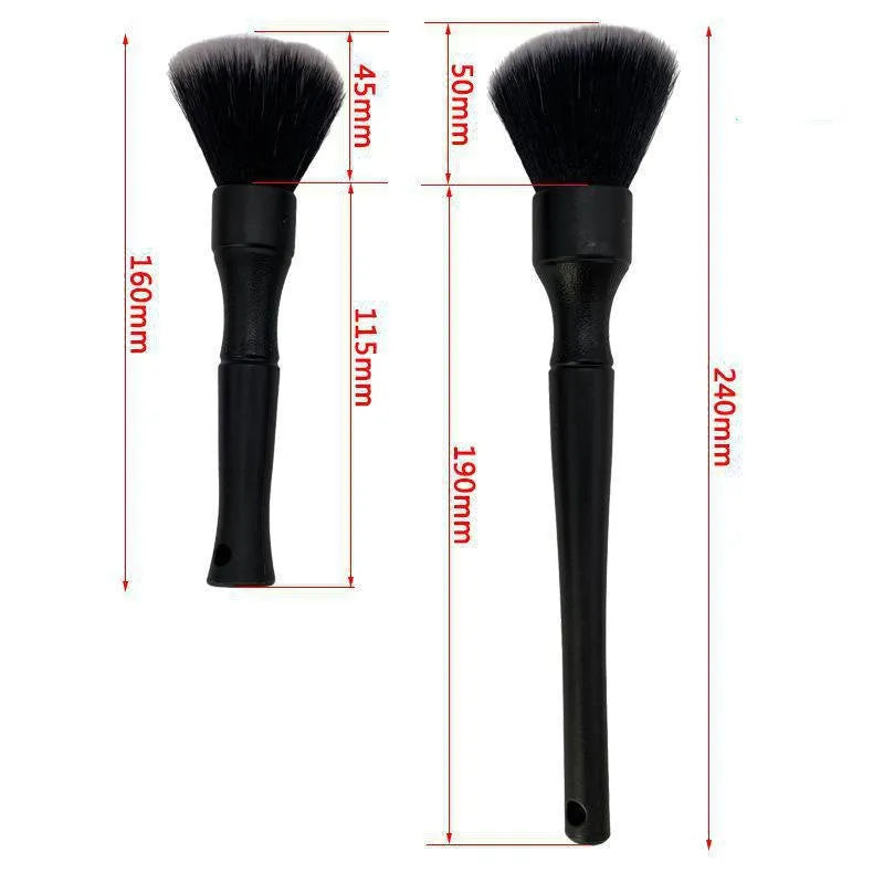 Black car detailing brush with super soft pig hair bristles for interior cleaning, shown in two size options