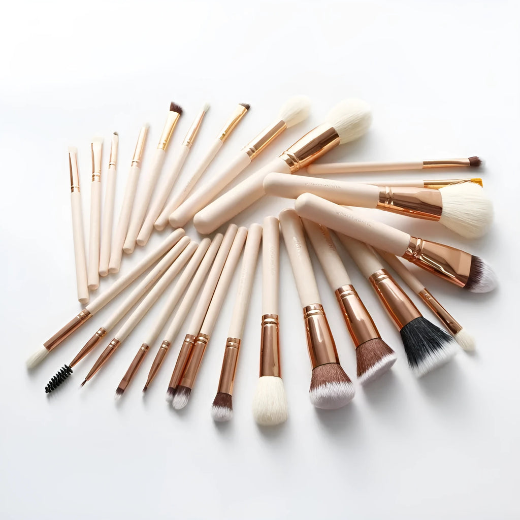26 pink wooden-handle makeup brushes with natural wool bristles in a PU storage bag